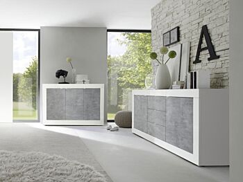 Soggiorno moderno bianco lucido e Cemento con Madia 3 ante e Madia 2 ante 3 cassetti