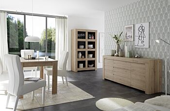 Sala di design composta da Libreria, Madia e Tavolo allungabile, finitura Rovere Cadiz