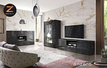 Soggiorno di lusso, Porta TV, Madia e Vetrina, finitura Marmo Lucido Nero