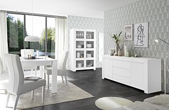 Sala di design composta da Libreria, Madia e Tavolo allungabile, finitura bianco opaco