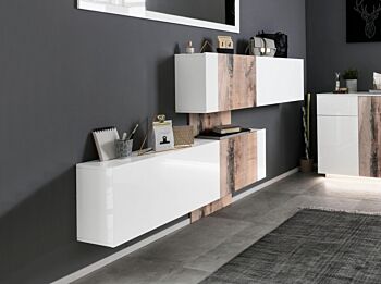 Scarpiera doppia, design orizzontale e moderno, finitura Bianco Lucido e Pero