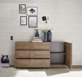 Soggiorno moderno scontato con tavolo, credenza e colonna in finitura Mercure