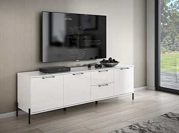 Mobile tv Bianco lucido con piedini neri, 3 ante 2 cassetti