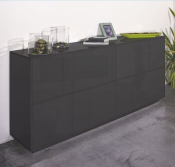 Madia di design con cinque ante a ribalta e due ante battenti, finitura laccato antracite lucido