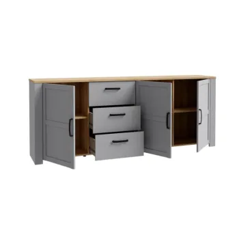 Madia Rovere riviera e Rovere grigio, 3 ante 3 cassetti, L.221 H.87