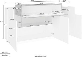 Offerta credenza moderna 3 ante, 1 ribalta in Bianco lucido e Pero