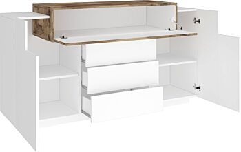 Credenza bianca e pero con 2 ante, 3 cassetti e una ribalta