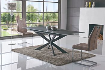 Tavolo di design allungabile con piano in vetro grigio e gambe in metallo