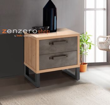 Comodino stile Industry con 2 cassetti in finitura Rovere e Grigio smoke