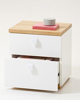 Comodino moderno con 2 cassetti in Bianco laccato e Rovere