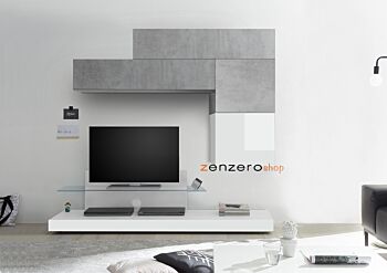 Parete attrezzata Porta TV, Pensili e Cubi, finitura Beton e Bianco Lucido