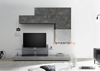 Parete attrezzata con Porta TV, Pensili e Cubi, finitura Ossido e Beton