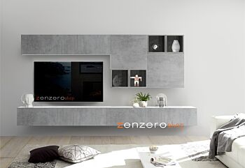 Pareti attrezzate, parete attrezzata con pensili in finitura Bianco lucido, Beton