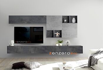 Soggiorno Zenzero, parete attrezzata con pensili vasistas e ribalta e cubi, finitura Ossido e Beton