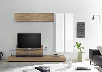 Parete attrezzata formata da Porta Tv e 3 Pensili, finitura Noce Stelvio, Cadiz e Bianco Lucido
