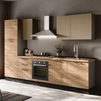 Cucina 3 metri lineare bloccata, Noce biondo, Oro e Grigio cenere
