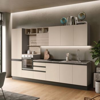 Cucina lineare Olmo natura e Orzo, L.360 cm, Made in Italy