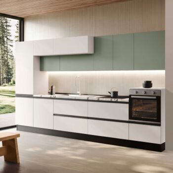 Cucina bloccata lineare, Bianco e Agave, L.360