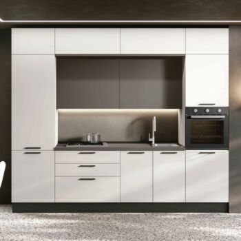 Cucina bloccata lineare, Bianco e Grigio cenere, L.300, Made in Italy