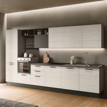 Cucina lineare 360 cm, Bianco altea e Grigio cenere, Made in Italy
