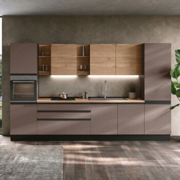 Cucina moderna bloccata lineare, L.360, Bronzo e Noce biondo, Made in Italy