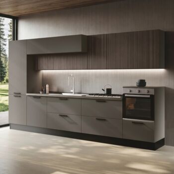 Cucina moderna lineare bloccata, L.360, Cannettato grigio e Grigio cenere