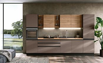 Cucina moderna bloccata lineare, L.360, Bronzo e Noce biondo, Made in Italy