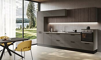 Cucina moderna lineare bloccata, L.360, Cannettato grigio e Grigio cenere