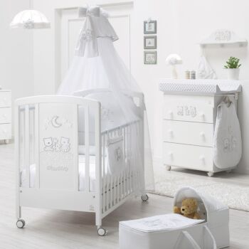 Lettino neonati Paddington con decorazione e ruote, finitura Bianco