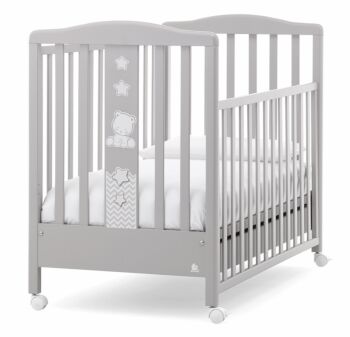 Culla moderna Teddy con ruote, finitura Grigio con decori in tinta
