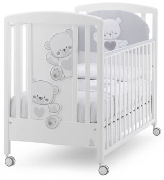 Culla Mr.Bear bianca e grigia con ruote, decori con orsetti
