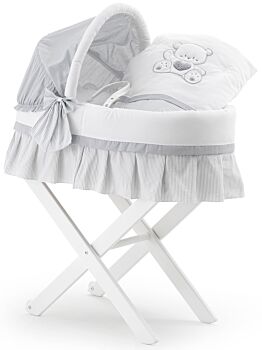 Culla Mr.Bear bianca e grigia con ruote, decori con orsetti