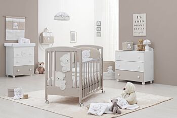 Culla Mr.Bear bianca e choco con ruote, decori con orsetti