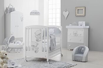 Culla Mr.Bear bianca e grigia con ruote, decori con orsetti