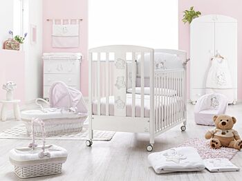 Culla Orsetto con decorazione e ruote, finitura Bianco