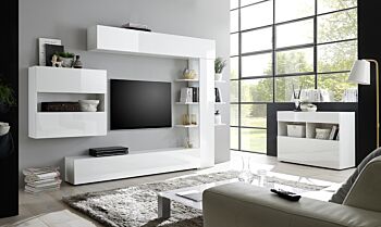 Sala moderna con parete attrezzata e madia, Bianco Lucido