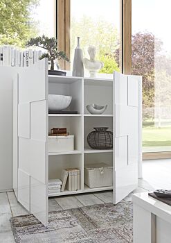 Credenza Moderna, Madia di Design, 2 ante Alta, Bianco Lucido
