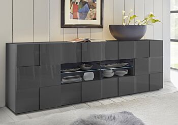 Capiente credenza, Madia di Design, 2 ante e 4 cassetti, Grigio Lucido