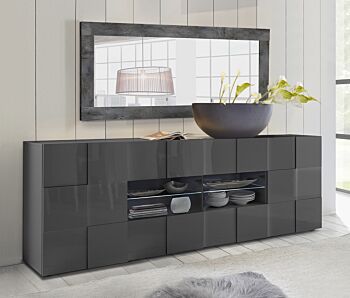 Capiente credenza, Madia di Design, 2 ante e 4 cassetti, Grigio Lucido