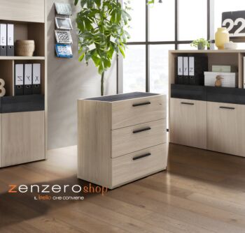 Cassettiera Leonardo con ruote e 3 cassetti in finitura Rovere e Nero chalet