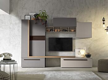 Parete attrezzata moderna Winnipeg in finitura Cachemire, Grigio londra e Noce naturale