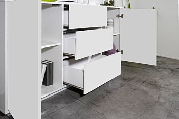 Credenza e madia moderna bianca laccata lucida, tre cassetti e due ante