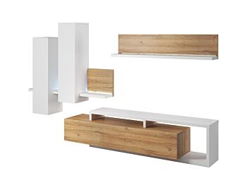 Zona giorno completa, finitura bianco opaco e rovere rustico