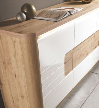 Madia 4 ante e 1 cassetto, bianco laccato e rovere wellington, made in Italy