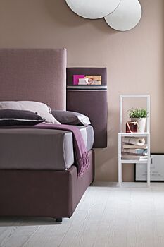 Letto contenitore singolo con testata a due lati, ecopelle e tessuto Lilla