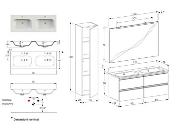 Arredo bagno completo, mobile con con lavabo integrato e 4 cassetti, Havasu 15