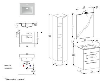 Mobile da bagno sospeso con lavabo integrato, Jog 1 Bis