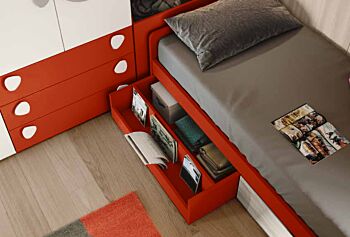 Divano letto con cassettoni libreria in Bianco altea e Paprika