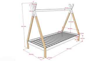Letto singolo montessoriano per camerette, design tenda indiana, Pino naturale e Bianco laccato