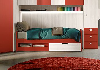 Divano letto con cassettoni libreria in Bianco altea e Paprika